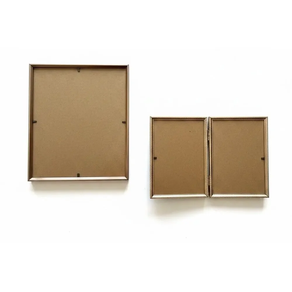 2 Vtg Mid Century Gold Tone Metal Picture Frame Single & Bifold Hinged 70s Set 2
